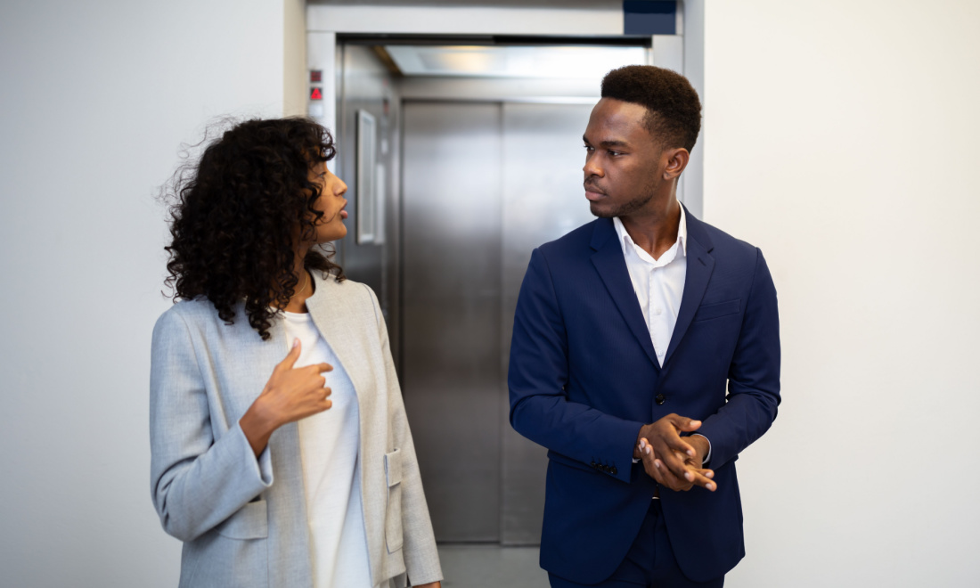 two people talking, elevator pitch