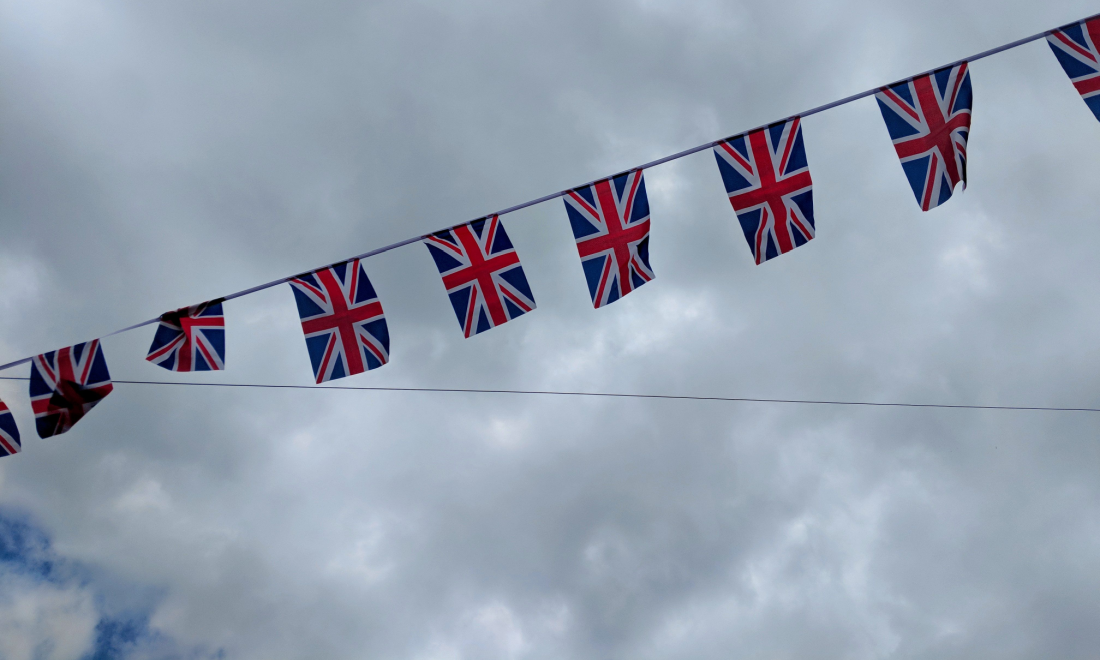 Union Jack bunting against grey sky in Germany