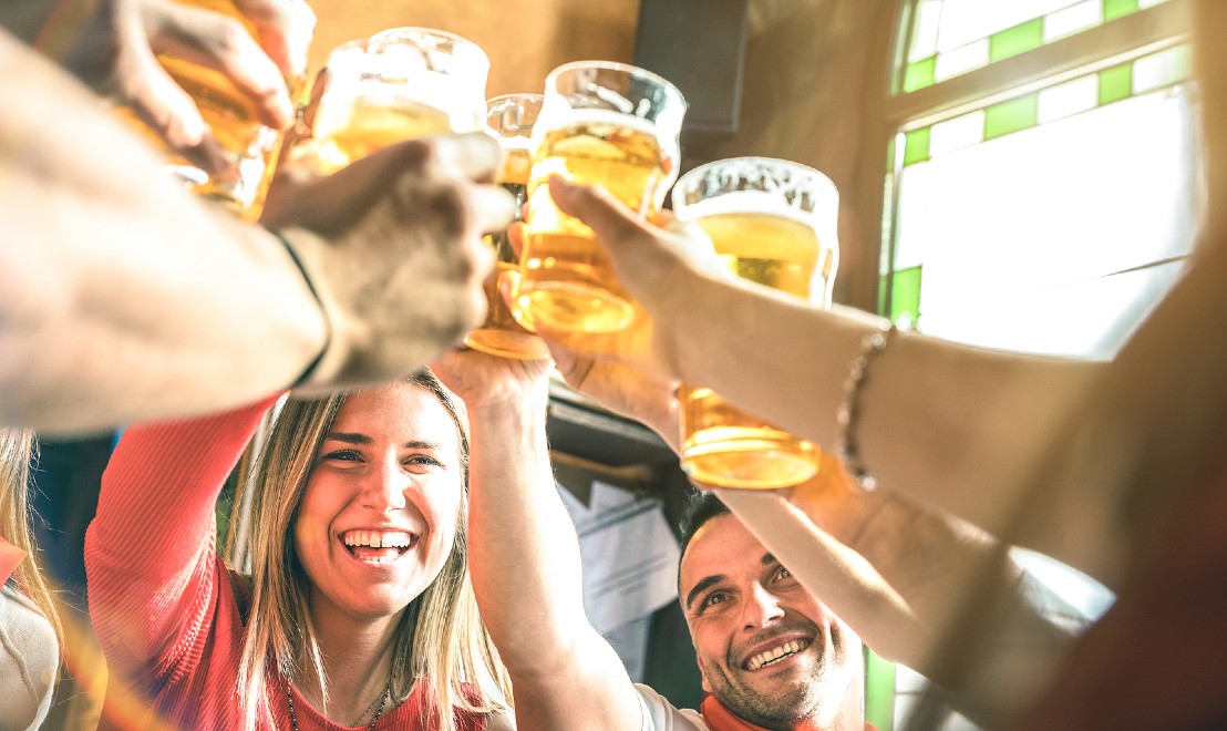 Friends drink beer cheers bar