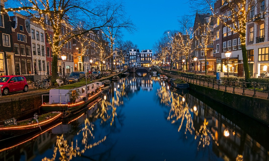 Canal Christmas lights Amsterdam the Netherlands
