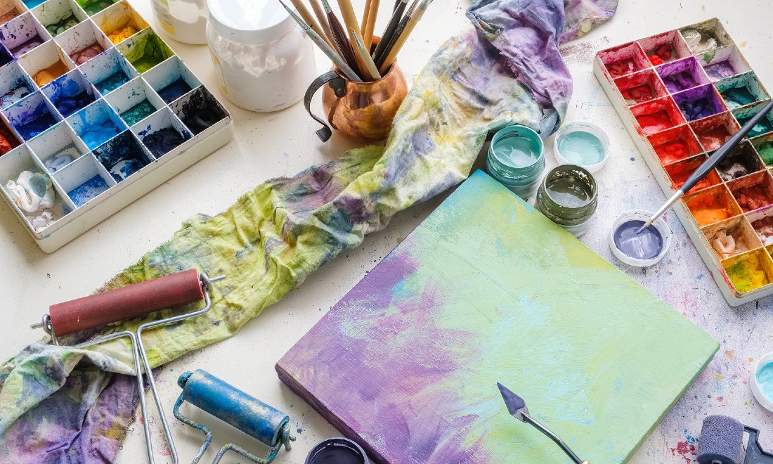 artist studio, paints, brushed, canvas