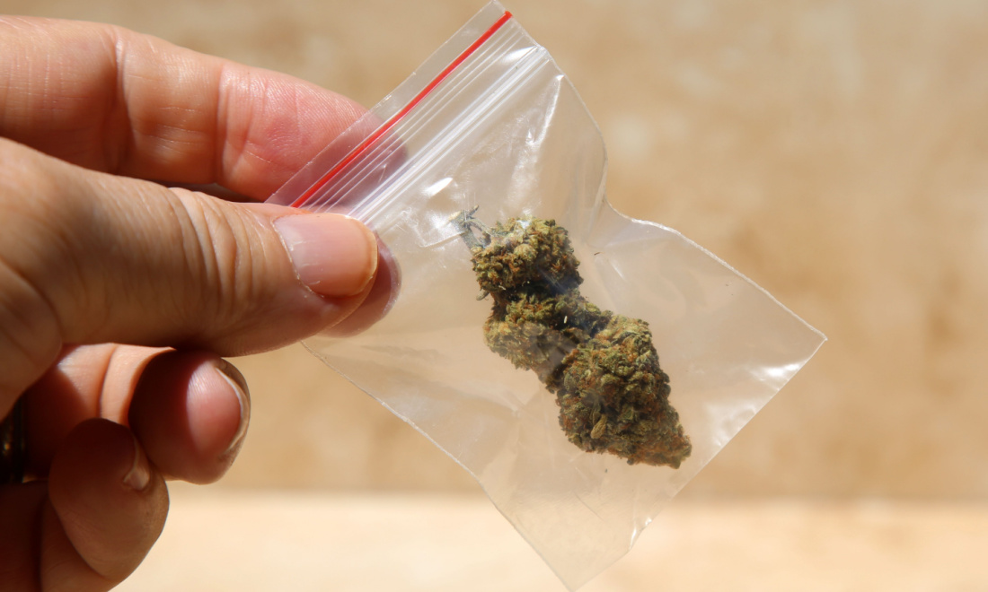 A white person's hand holding a bag of weed
