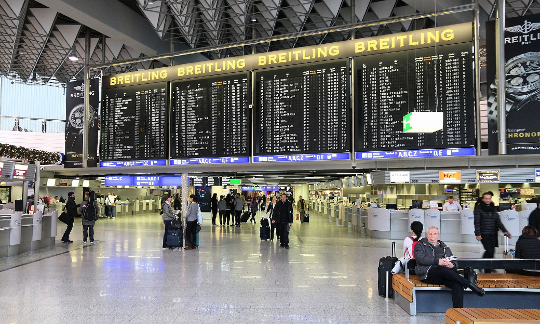 departure boards at frankfurt airport, germany